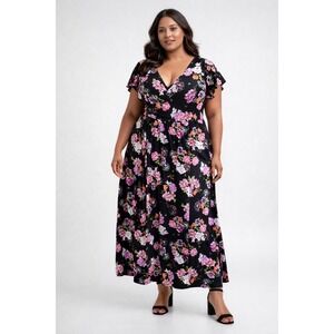Torrid Floral Maxi Dress 3X Black Pink Boho Flutter Sleeve Spring Cottagecore
